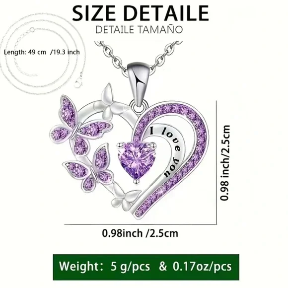 NEW "I Love You" Butterfly Pendant Necklace – Purple & Silver - Picture 4 of 5